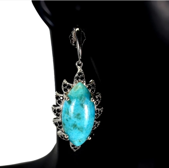 Natural Turquoise 12x10mm & Black Spinel 925 Sterling Silver Earrings - Picture 3 of 7